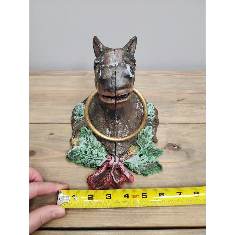Vintage Large Cast Iron Horse Head Hand Painted Door Knocker or Tie Ring - 11